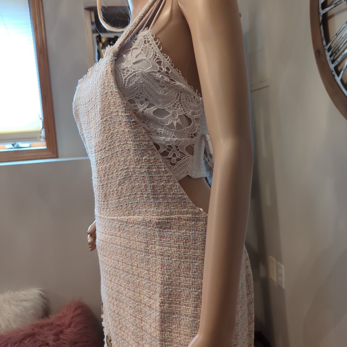 Zara tweed overall mini dress with large button detailShop exclusive Zara tweed overall mini, perfect pastels & button design, size M. Limited stock! Waist 17, hips 18, length 30.$99.00Boston304