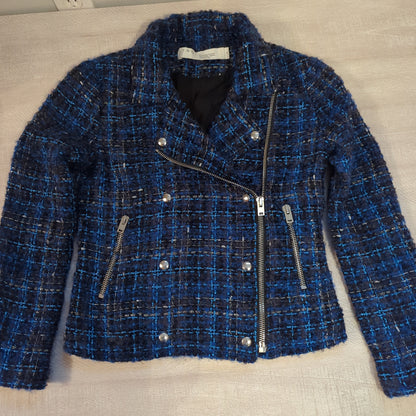 Iro Tweed Skyespe Moto JacketStunning Iro Tweed Moto Jacket, blue & black with mohair blend & silver accents. Perfect condition, 18 pit to pit. Exquisite style!$225.00Boston304