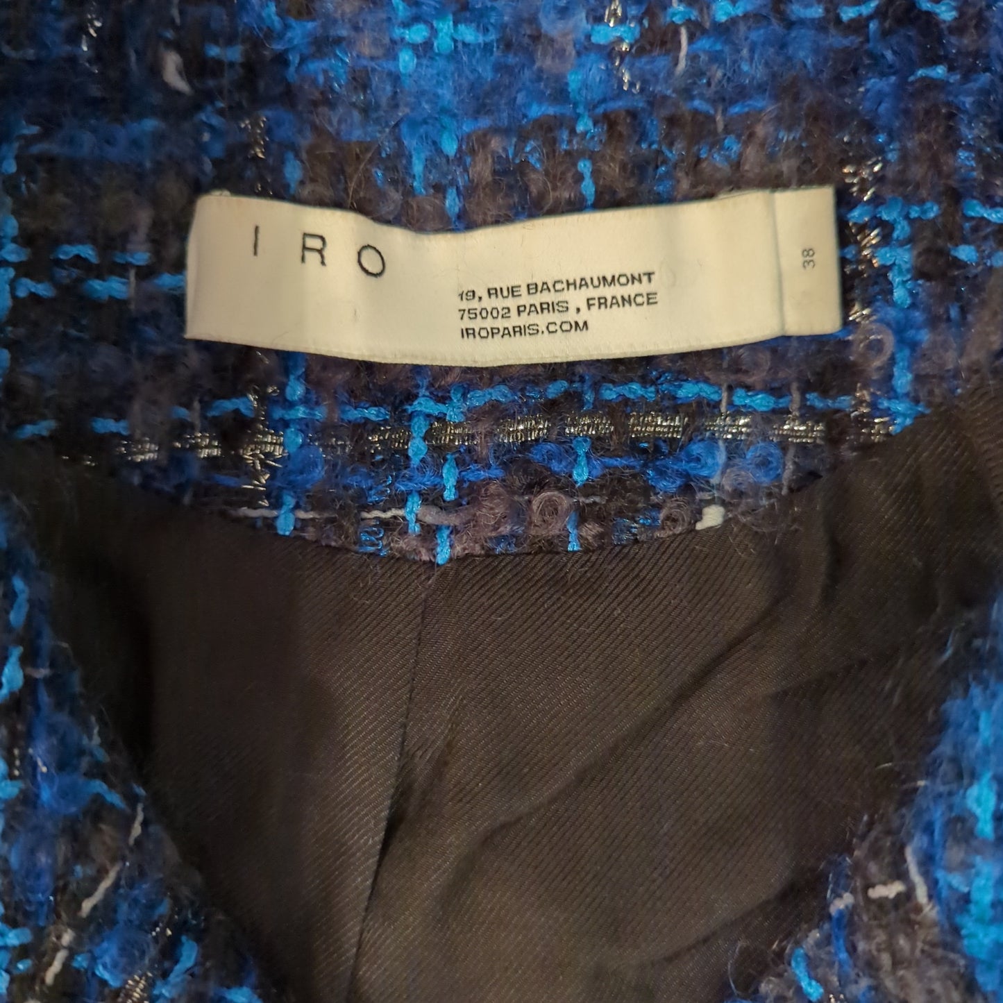 Iro Tweed Skyespe Moto JacketStunning Iro Tweed Moto Jacket, blue & black with mohair blend & silver accents. Perfect condition, 18 pit to pit. Exquisite style!$225.00Boston304