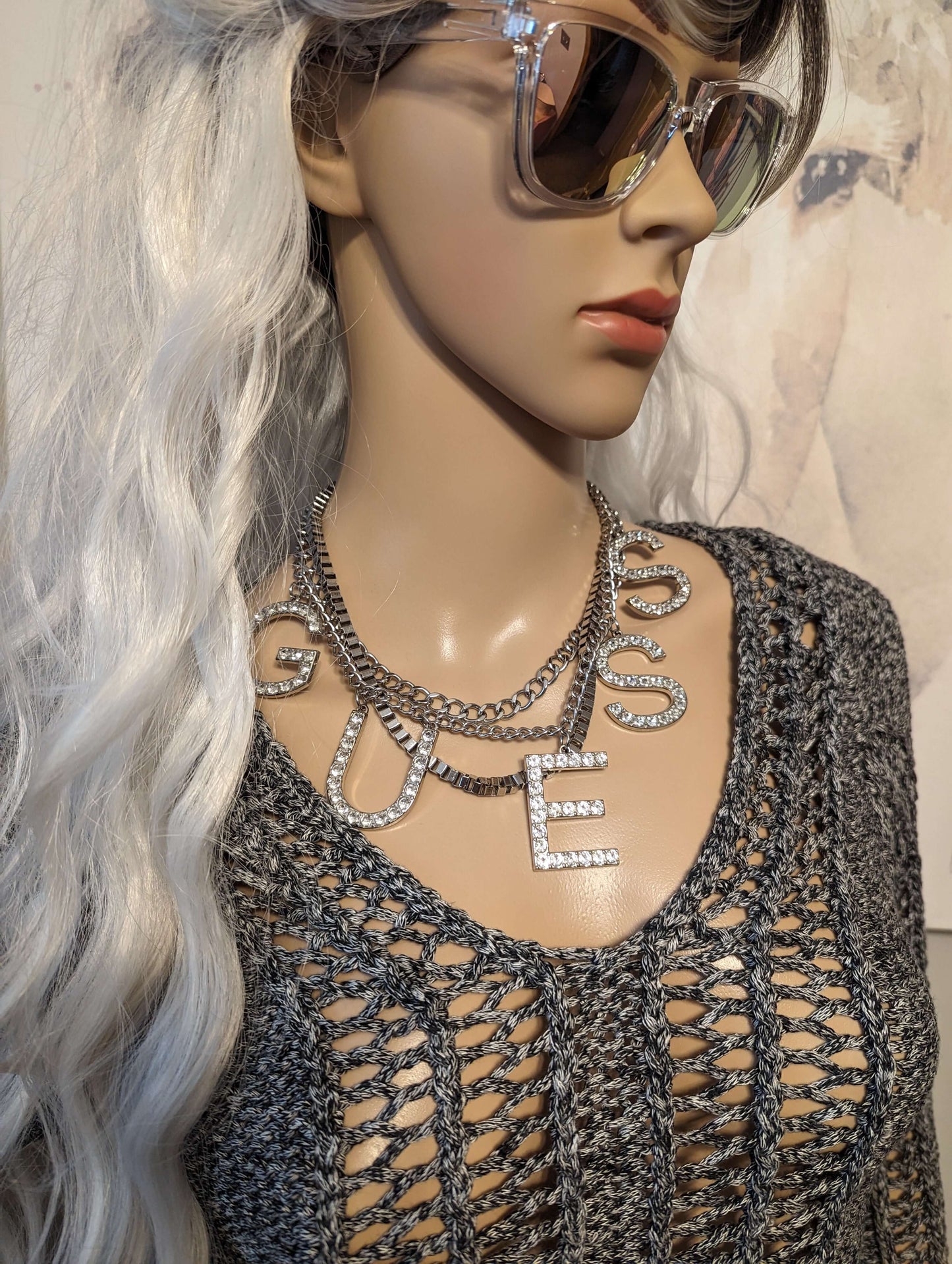 Guess vintage polished silver & crystal 3 chain oversized spell out statement necklaceStand out with this unique 17 Guess vintage necklace. Polished silver, crystal-embellished with a bold design. Ideal for fashion connoisseurs!$225.00Boston304