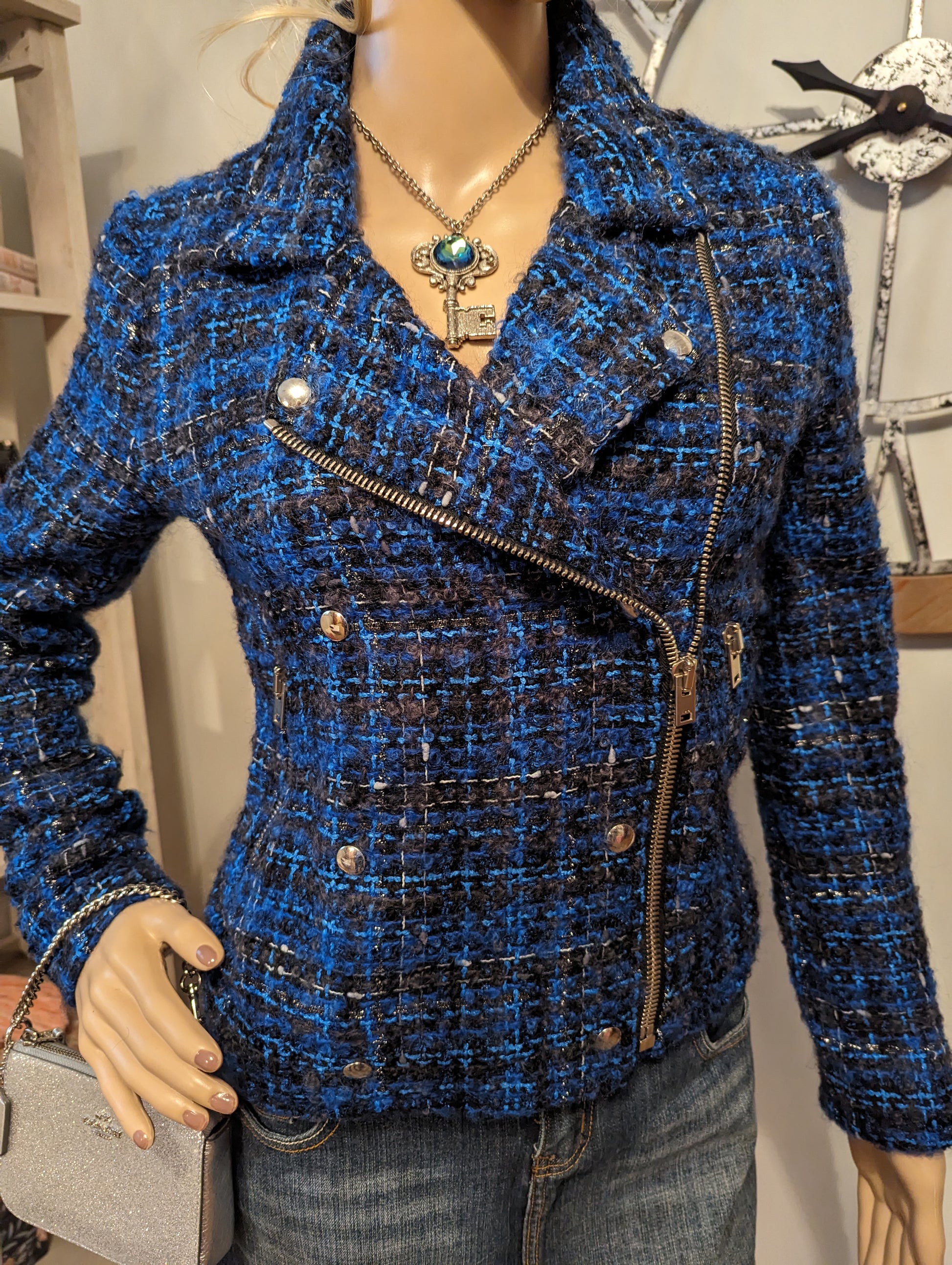 Iro Tweed Skyespe Moto JacketStunning Iro Tweed Moto Jacket, blue & black with mohair blend & silver accents. Perfect condition, 18 pit to pit. Exquisite style!$225.00Boston304