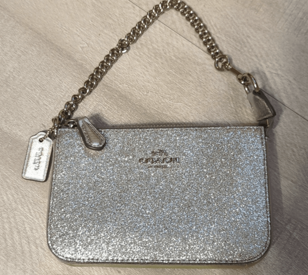 Coach Rare Glitter Chain Wristlet/Clutch BagOwn a vintage Coach wristlet with sparkling silver glitter. Versatile, pristine & boxed - perfect 6x4 luxury accessory. Shop rarity now!$169.00Boston304